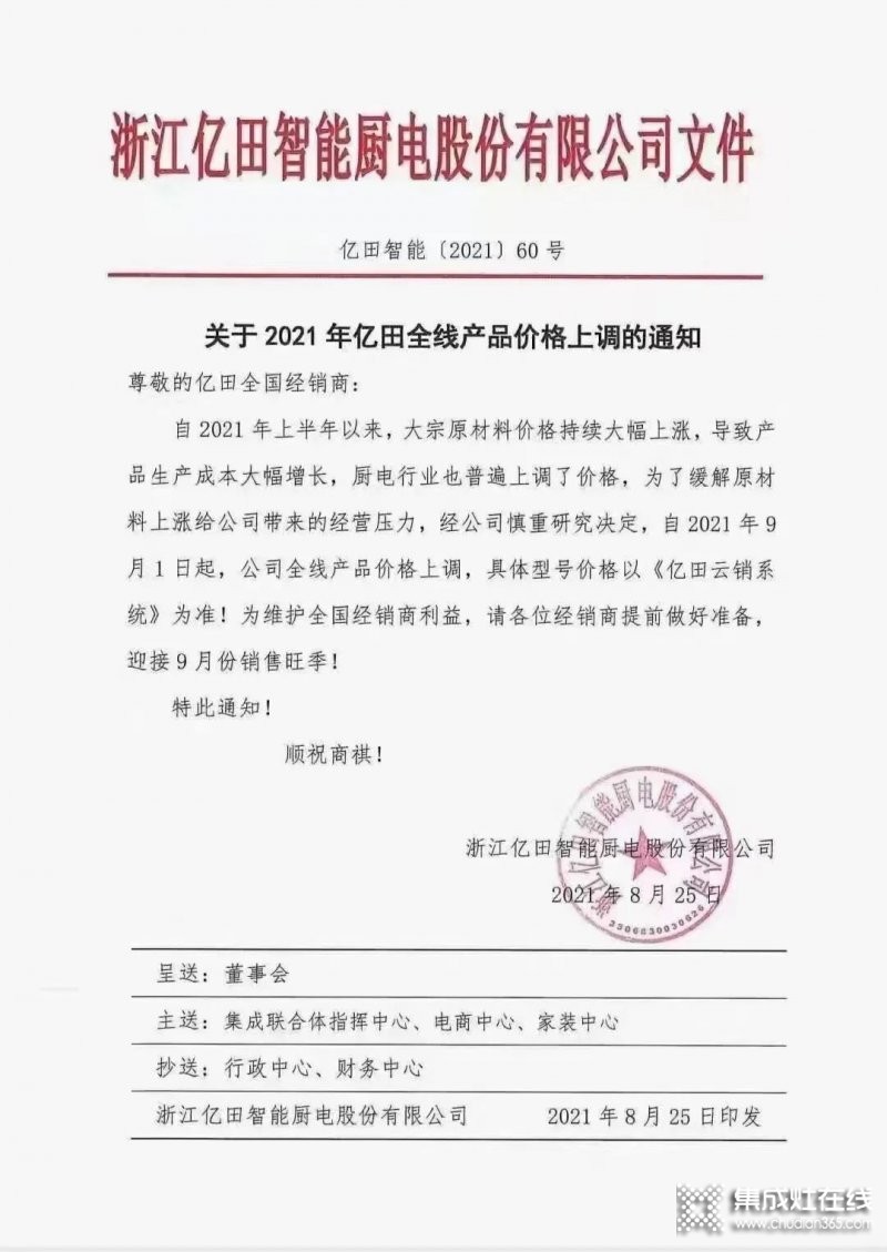 億田智能、帥豐電器、萬事興電器等集成灶品牌紛紛發(fā)布漲價(jià)函！_2